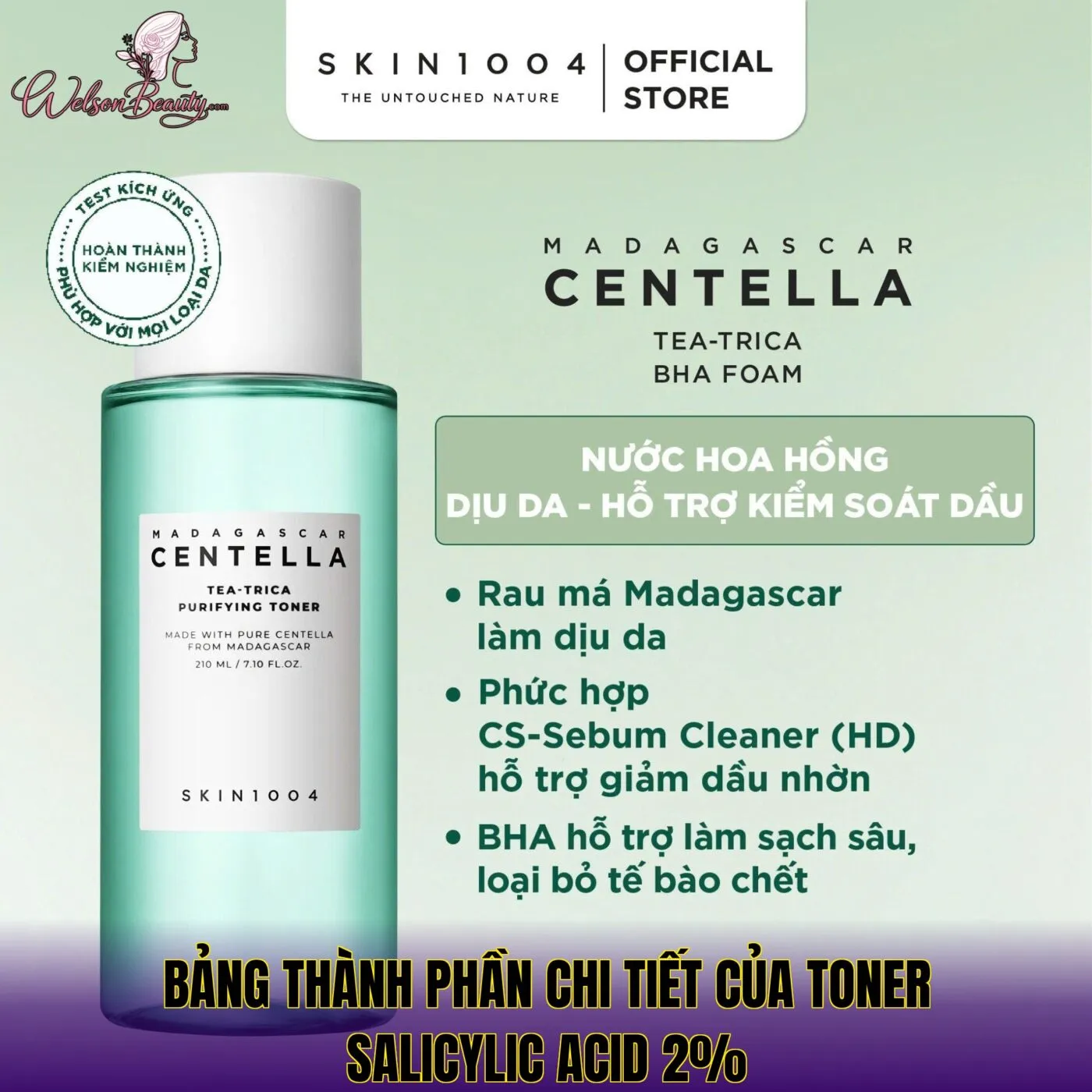 Bảng thành phần chi tiết của toner salicylic acid 2%